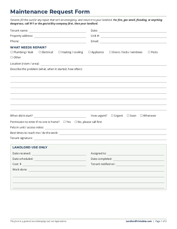 Free printable Maintenance Request Form + Repair Log preview