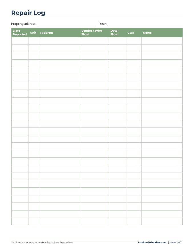 Maintenance Request Form + Repair Log printable preview, page 2