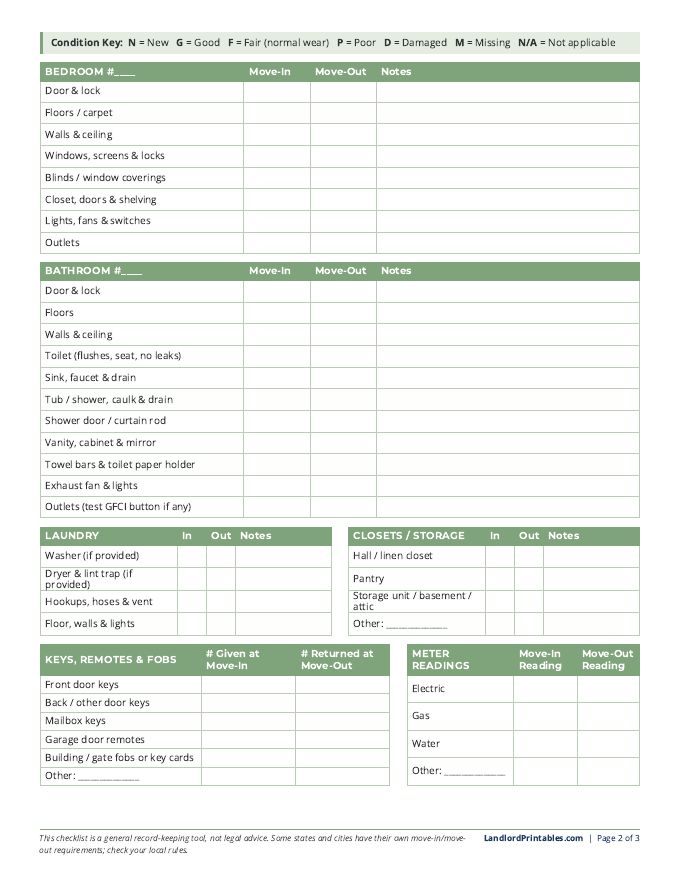 Move-In / Move-Out Inspection Checklist printable preview, page 2