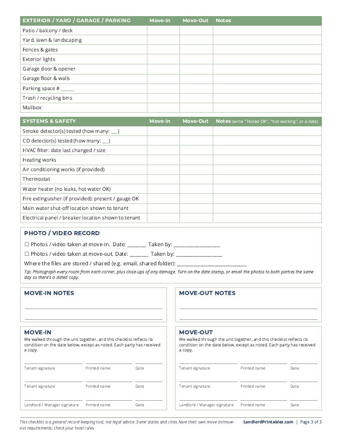 Move-In / Move-Out Inspection Checklist printable preview, page 3