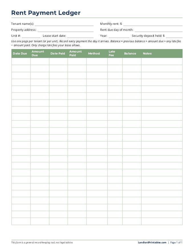 Free printable Rent Payment Ledger preview