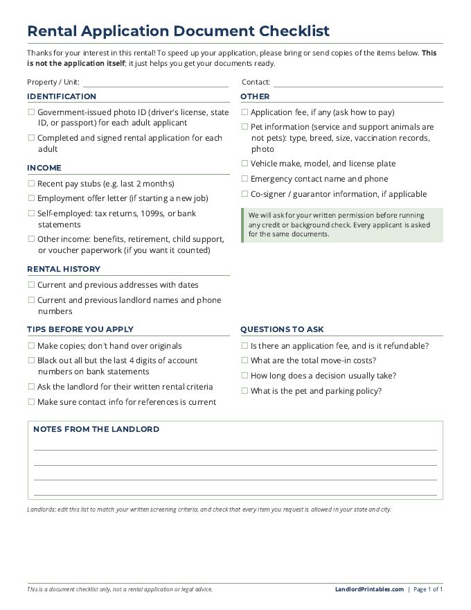 Free printable Rental Application Document Checklist preview