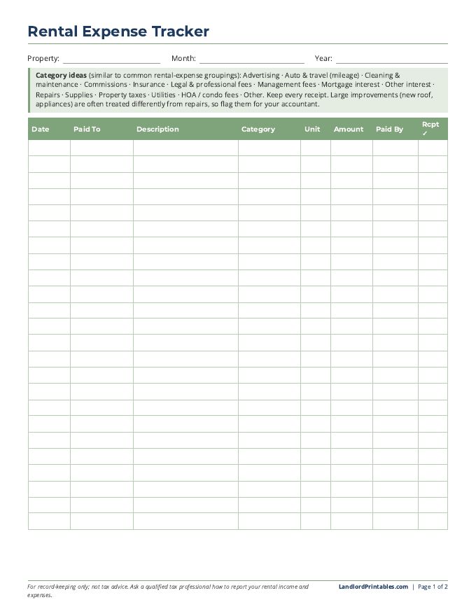 Free printable Rental Expense Tracker preview