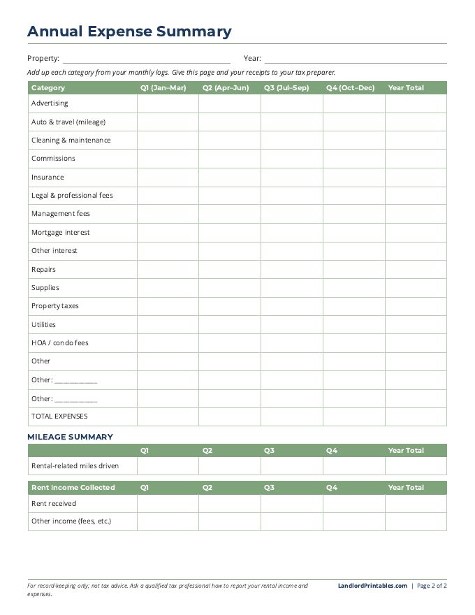 Rental Expense Tracker printable preview, page 2