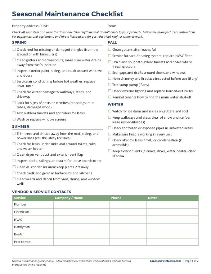 Free printable Seasonal Maintenance Checklist preview