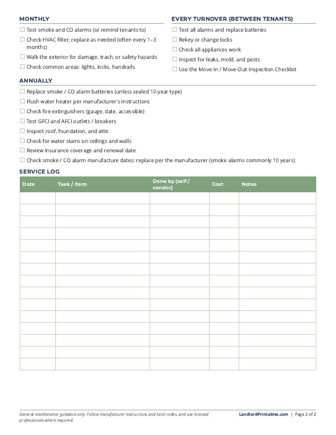 Seasonal Maintenance Checklist printable preview, page 2