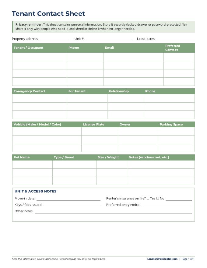 Free printable Tenant Contact Sheet preview