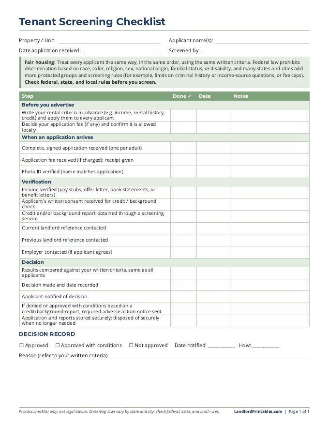 Free printable Tenant Screening Checklist preview