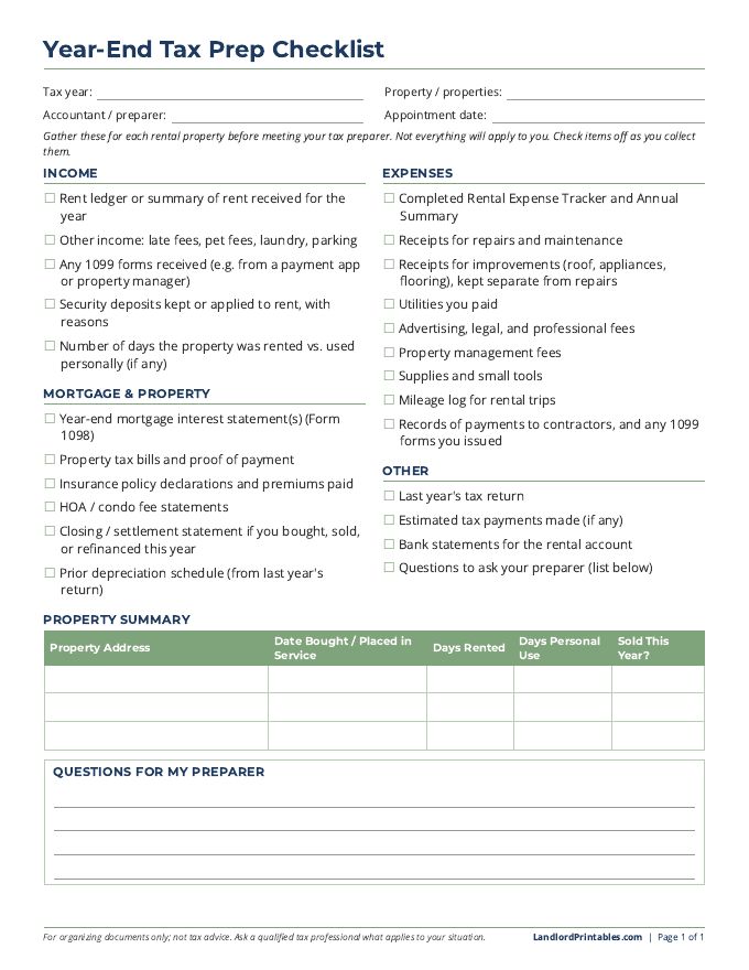 Free printable Year-End Tax Prep Checklist preview